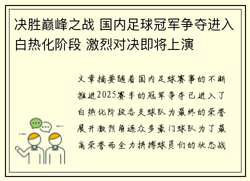 决胜巅峰之战 国内足球冠军争夺进入白热化阶段 激烈对决即将上演